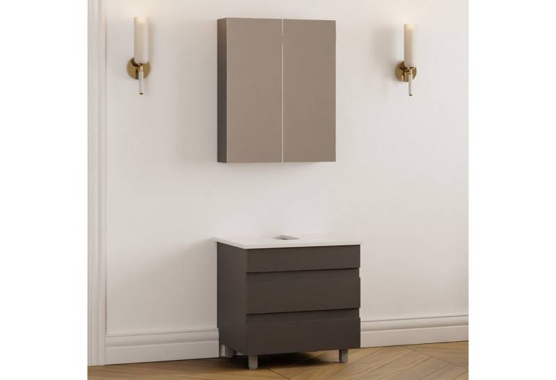 Karen Badmöbel-Set Stehendes Badmöbel Set Lara, (Komplett-Set, Standartmäßig 2-Teilig (Unterschrank, Spiegelschrank), Optionaler Hochschrank, 2-St., Lieferumfang: Unterschrank & Spiegelschrank), Minimalistisch, Matt-Membran-Beschichtung, Softclose, Grifflmulden von Karen