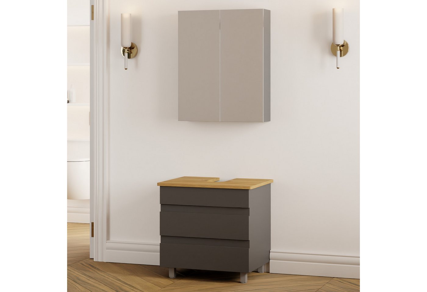 Karen Badmöbel-Set Stehendes Badmöbel Set Lara, (Komplett-Set, Standartmäßig 2-Teilig (Unterschrank, Spiegelschrank), Optionaler Hochschrank, 2-St., Lieferumfang: Unterschrank & Spiegelschrank), Minimalistisch, Matt-Membran-Beschichtung, Softclose, Grifflmulden von Karen