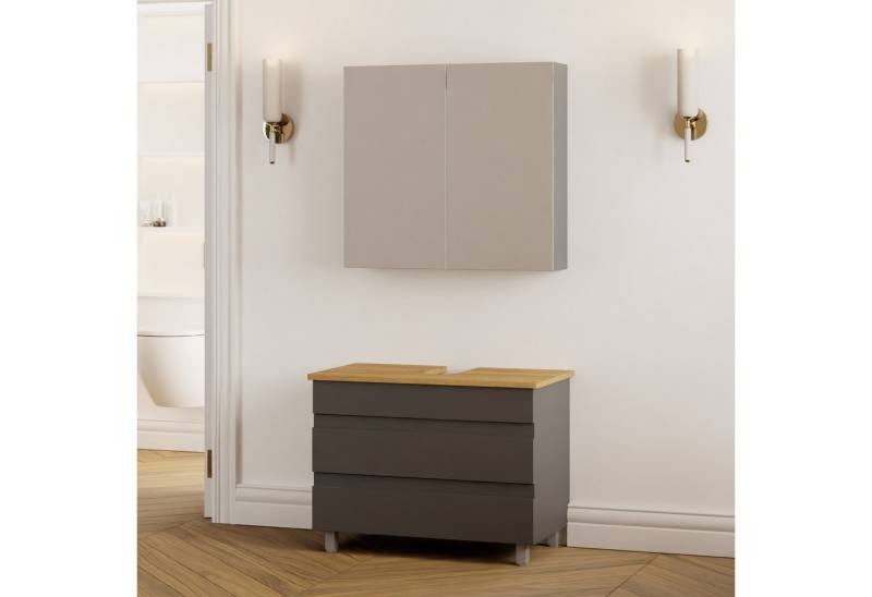 Karen Badmöbel-Set Stehendes Badmöbel Set Lara, (Komplett-Set, Standartmäßig 2-Teilig (Unterschrank, Spiegelschrank), Optionaler Hochschrank, 2-St., Lieferumfang: Unterschrank & Spiegelschrank), Minimalistisch, Matt-Membran-Beschichtung, Softclose, Grifflmulden von Karen