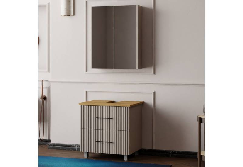 Karen Badmöbel-Set Stehendes Badmöbel Set Liana, (Komplett-Set, Standartmäßig 2-Teilig (Unterschrank, Spiegelschrank), Optionaler Hochschrank, 2-St., Lieferumfang: Unterschrank & Spiegelschrank), Pastellfarbe, Riffeloptik, Bügelgriffe, Softclose von Karen