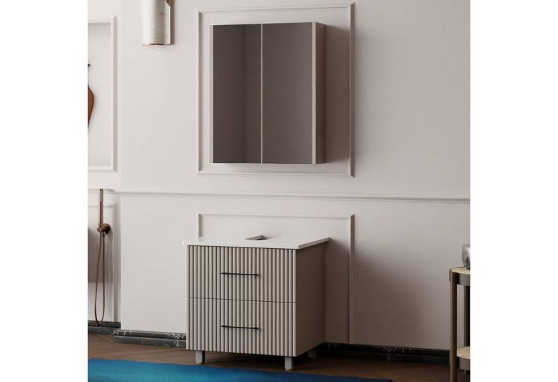 Karen Badmöbel-Set Stehendes Badmöbel Set Liana, (Komplett-Set, Standartmäßig 2-Teilig (Unterschrank, Spiegelschrank), Optionaler Hochschrank, 2-St., Lieferumfang: Unterschrank & Spiegelschrank), Pastellfarbe, Riffeloptik, Bügelgriffe, Softclose von Karen