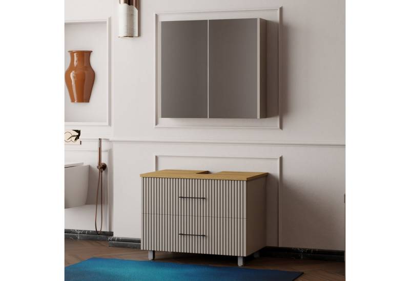 Karen Badmöbel-Set Stehendes Badmöbel Set Liana, (Komplett-Set, Standartmäßig 2-Teilig (Unterschrank, Spiegelschrank), Optionaler Hochschrank, 2-St., Lieferumfang: Unterschrank & Spiegelschrank), Pastellfarbe, Riffeloptik, Bügelgriffe, Softclose von Karen