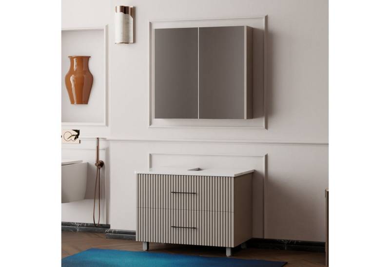 Karen Badmöbel-Set Stehendes Badmöbel Set Liana, (Komplett-Set, Standartmäßig 2-Teilig (Unterschrank, Spiegelschrank), Optionaler Hochschrank, 2-St., Lieferumfang: Unterschrank & Spiegelschrank), Pastellfarbe, Riffeloptik, Bügelgriffe, Softclose von Karen