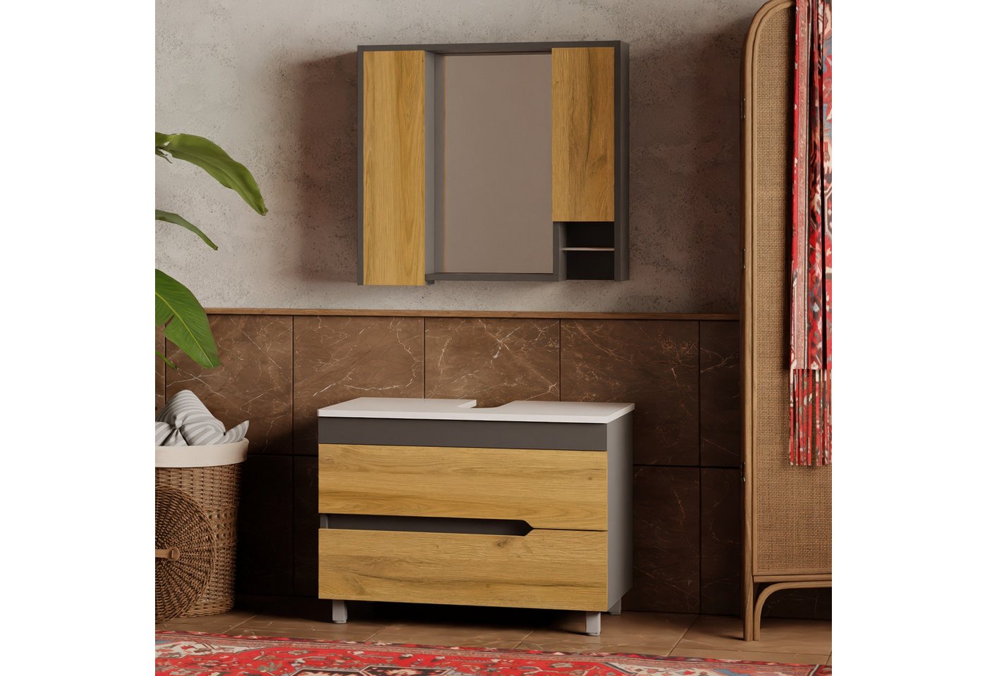 Karen Badmöbel-Set Stehendes Badmöbel Set Marmara, (Badmöbel-Set, 2-Teilig (Unterschrank, Spiegelschrank), 3-St., Unterschrank mit Schubladen, Spiegel mit Regalen), Innovatives Design, MDF Lam, Softclose, Funktionalität von Karen