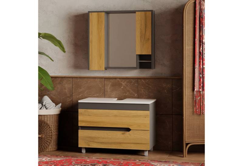 Karen Badmöbel-Set Stehendes Badmöbel Set Marmara, (Badmöbel-Set, 2-Teilig (Unterschrank, Spiegelschrank), 3-St., Unterschrank mit Schubladen, Spiegel mit Regalen), Innovatives Design, MDF Lam, Softclose, Funktionalität von Karen