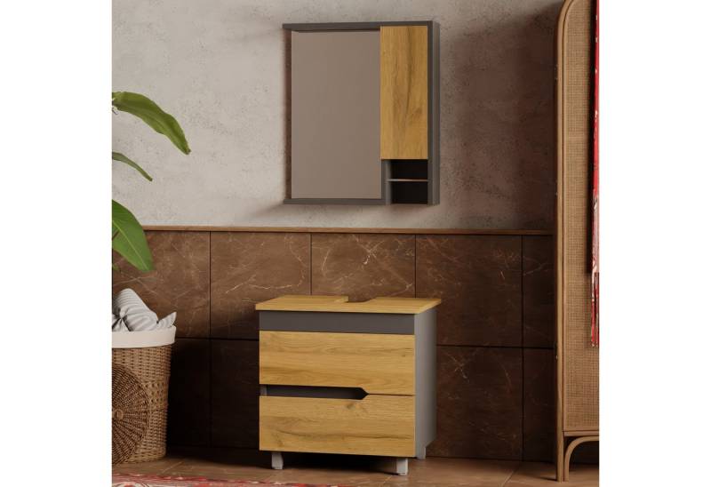Karen Badmöbel-Set Stehendes Badmöbel Set Marmara, (Badmöbel-Set, 2-Teilig (Unterschrank, Spiegelschrank), 3-St., Unterschrank mit Schubladen, Spiegel mit Regalen), Innovatives Design, MDF Lam, Softclose, Funktionalität von Karen