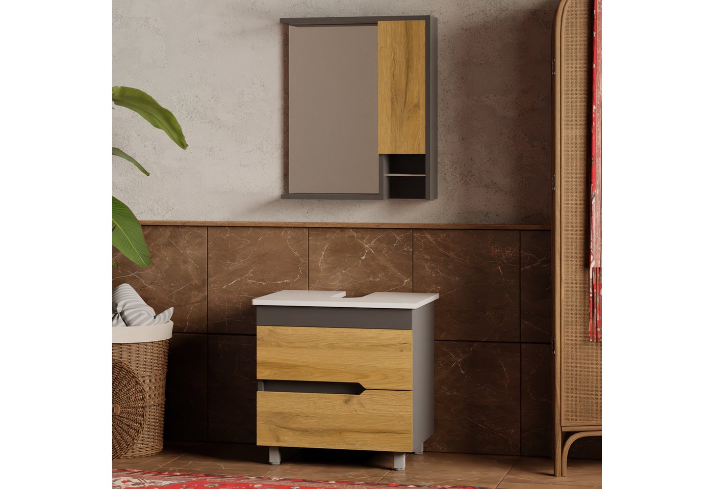 Karen Badmöbel-Set Stehendes Badmöbel Set Marmara, (Badmöbel-Set, 2-Teilig (Unterschrank, Spiegelschrank), 3-St., Unterschrank mit Schubladen, Spiegel mit Regalen), Innovatives Design, MDF Lam, Softclose, Funktionalität von Karen