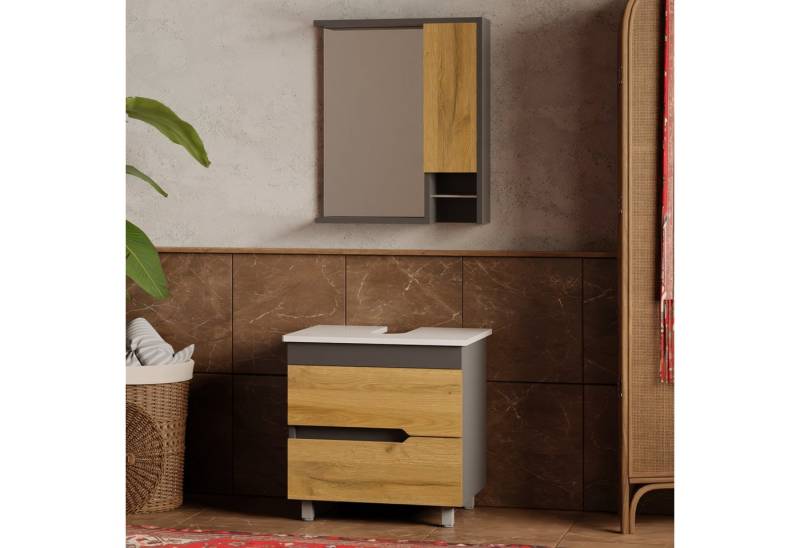 Karen Badmöbel-Set Stehendes Badmöbel Set Marmara, (Badmöbel-Set, 2-Teilig (Unterschrank, Spiegelschrank), 3-St., Unterschrank mit Schubladen, Spiegel mit Regalen), Innovatives Design, MDF Lam, Softclose, Funktionalität von Karen