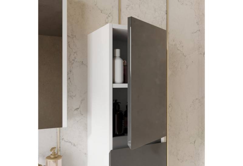 Karen Badmöbel-Set Hochschrank Venus Anthrazit, (Komplett-Set, Standartmäßig 3-Teilig (Unterschrank, Spiegelschrank, Waschbecken), Optionaler Hochschrank, 1-St., Unterschrank mit Türen, Spiegelschrank mit Türen & Regalen), Futuristisches Design, Highgloss-Beschichtung, Softclose, Griffleisten von Karen