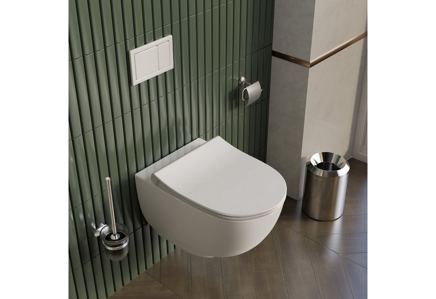Karen Tiefspül-WC Toilette Vista, wandhängend, Abgang waagerecht, Komplett-Set aus Toilettenkeramik mit Taharet und WC-Sitz aus Duroplast, Spülrandlos, Duschfunktion, WC-Deckel mit Absenkautomatik von Karen