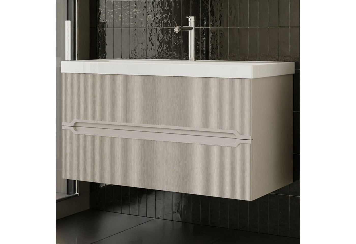 Karen Waschtisch-Set Waschtisch mit Unterschrank Bella, (3-St., Der Lieferumfang umfasst Unterschrank und Waschbecken), Kaschmirbeige, Riffeloptik, Griffmulden, Softclose von Karen