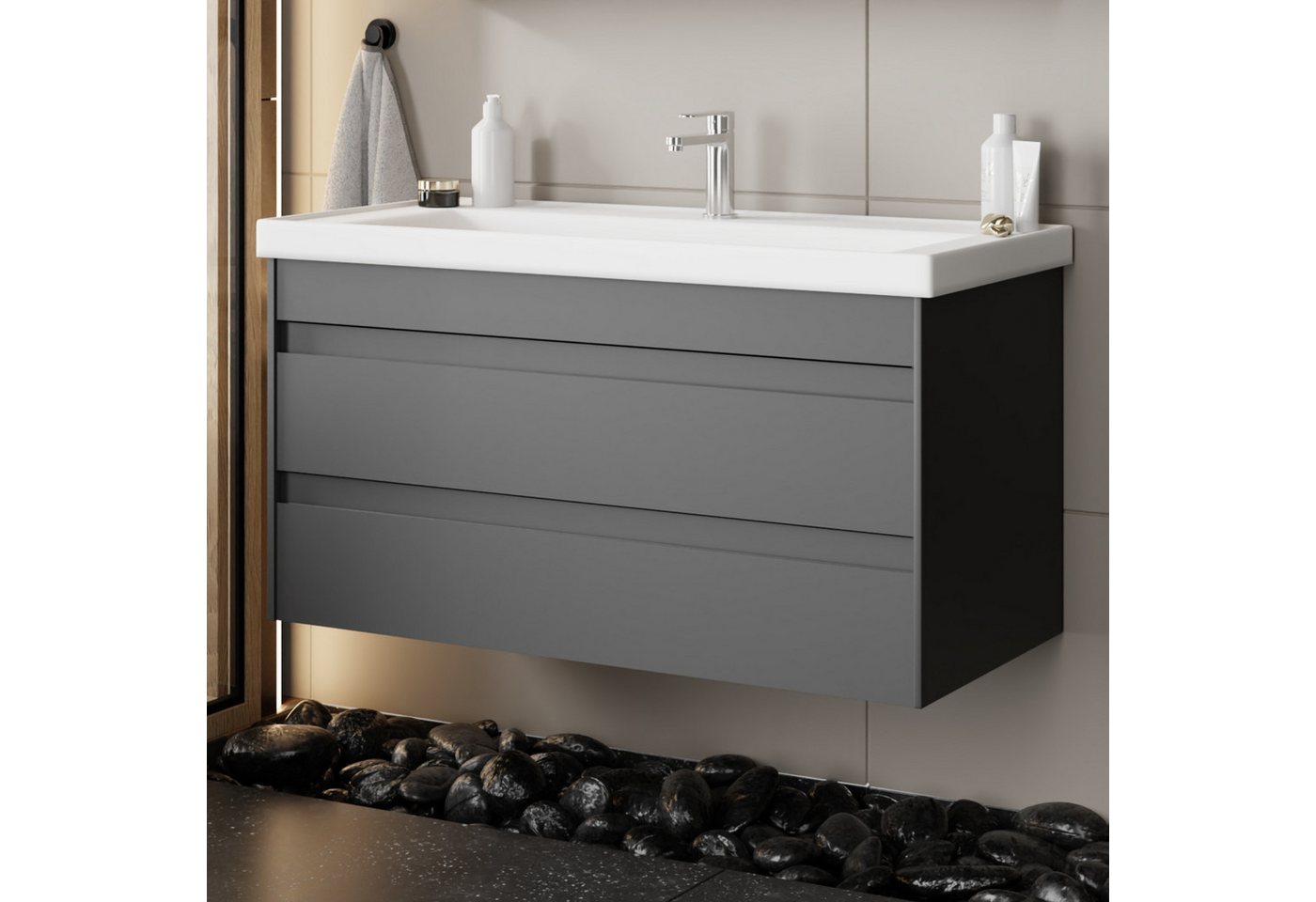 Karen Waschtisch-Set Waschtisch mit Unterschrank Lara, (Komplett-Set, Standartmäßig 2-Teilig (Unterschrank, Waschbecken), Optionaler Hochschrank, 2-St., Unterschrank mit Schubladen), Minimalistisch, Geradlinig, Matt-Beschichtung, Softclose, Griffleisten von Karen