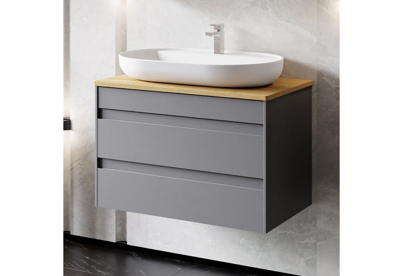 Karen Waschtisch-Set Waschtisch mit Unterschrank Lara 80 mit Konsole Eiche, (Komplett-Set, Standartmäßig 3-Teilig (Unterschrank, Konsole, Waschbecken), Optionaler Hochschrank, 3-St., Unterschrank mit Schubladen), Minimalistisch, Geradlinig, Matt-Beschichtung, Softclose, Griffleisten von Karen