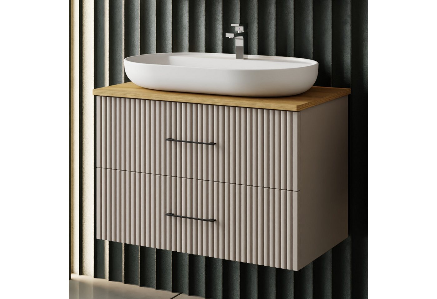 Karen Waschtisch-Set Waschtisch mit Unterschrank Liana, (Komplett-Set, Standartmäßig 3-Teilig (Unterschrank, Konsole, Waschbecken), 3-St., Der Lieferumfang umfasst Unterschrank, Konsole und Waschbecken), Pastellfarben, Riffeloptik, Bügelgriffe, Softclose von Karen