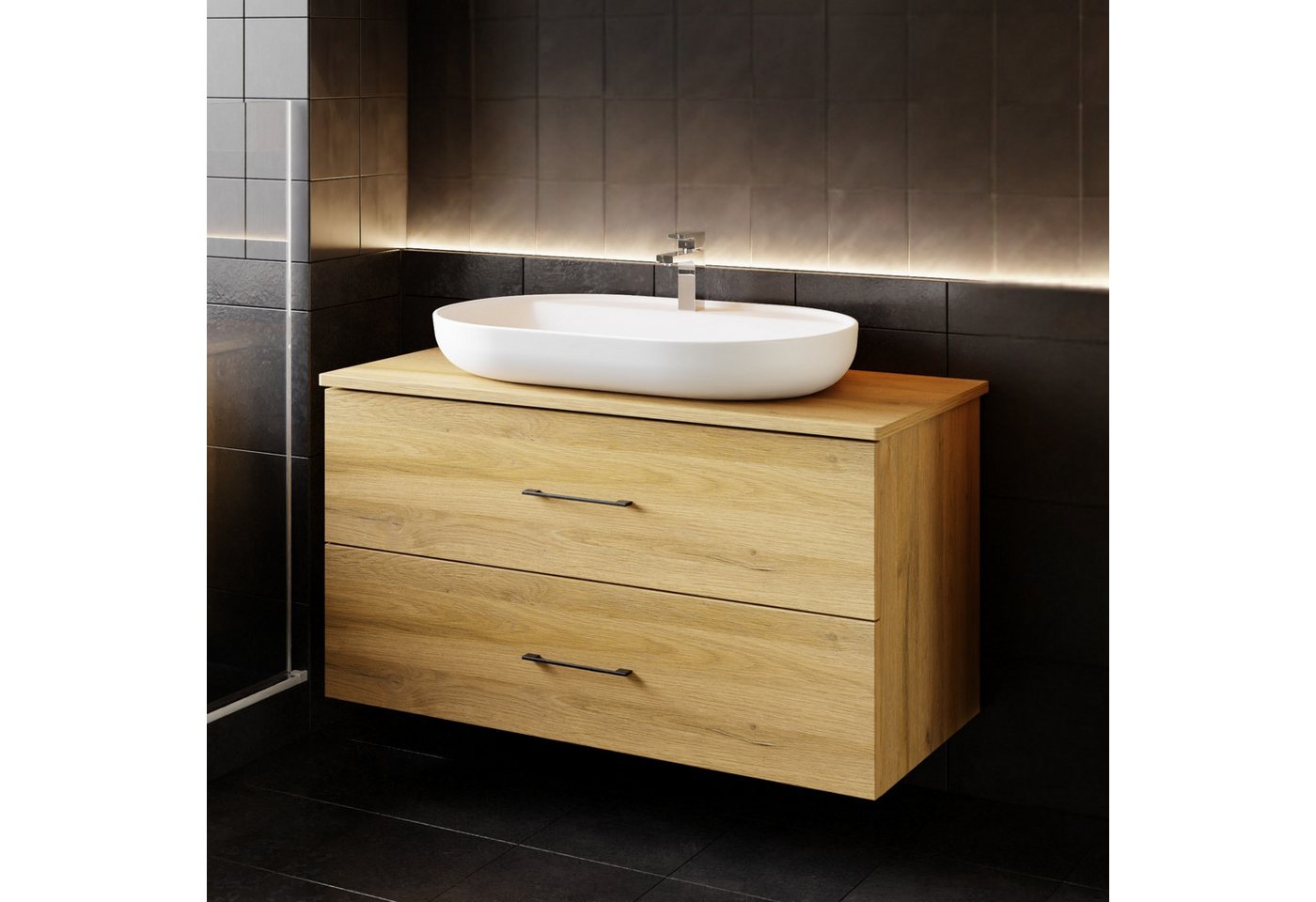 Karen Waschtisch-Set Waschtisch mit Unterschrank Verona, (3-St., Der Lieferumfang umfasst Unterschrank, Konsole und Waschbecken), Holzfurnier, Bügelgriffe, Natürliches Design, Softclose von Karen