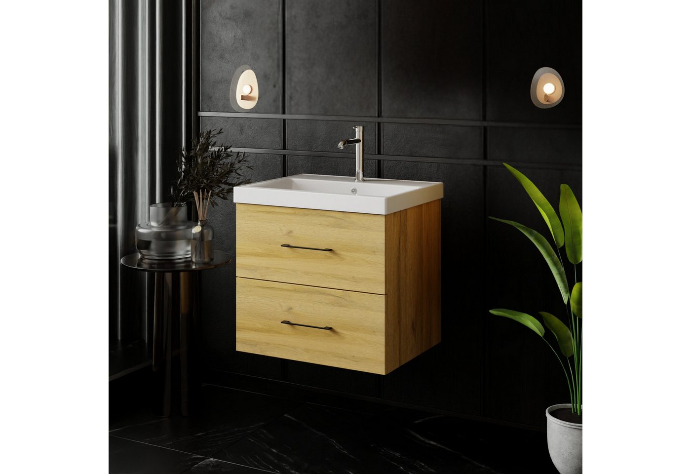 Karen Waschtisch-Set Waschtisch mit Unterschrank Verona, (Komplett-Set, Standartmäßig 2-Teilig (Unterschrank, Waschbecken), 2-St., Der Lieferumfang umfasst Unterschrank und Waschbecken), Holzfurnier, Bügelgriffe, Natürliches Design, Softclose von Karen