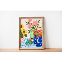 Lesung Mit Blumenvasen Kunstdruck von KarenCookArt