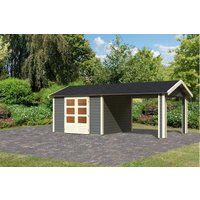 Karibu Gartenhaus "Gartenhaus Verino Z" SET terragrau mit Dachausbau, Schindeln, Boden, Dachrinne von Karibu