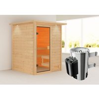 Karibu Sauna "Worpswede" mit Kranz SET naturbelassen mit Ofen 3,6 kW integr. Strg. von Karibu