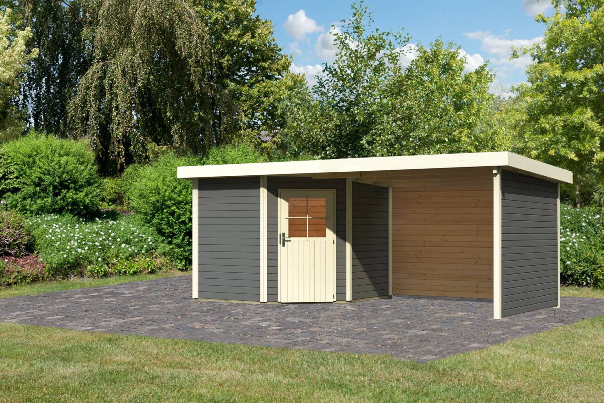 KARIBU Gartenhaus Neuruppin2 , terragrau, Fichtenholz 28mm, 585 x 244 x 222 cm, Flachdach, Anbau 3,2m mit Rück- und Seitenwand von Karibu