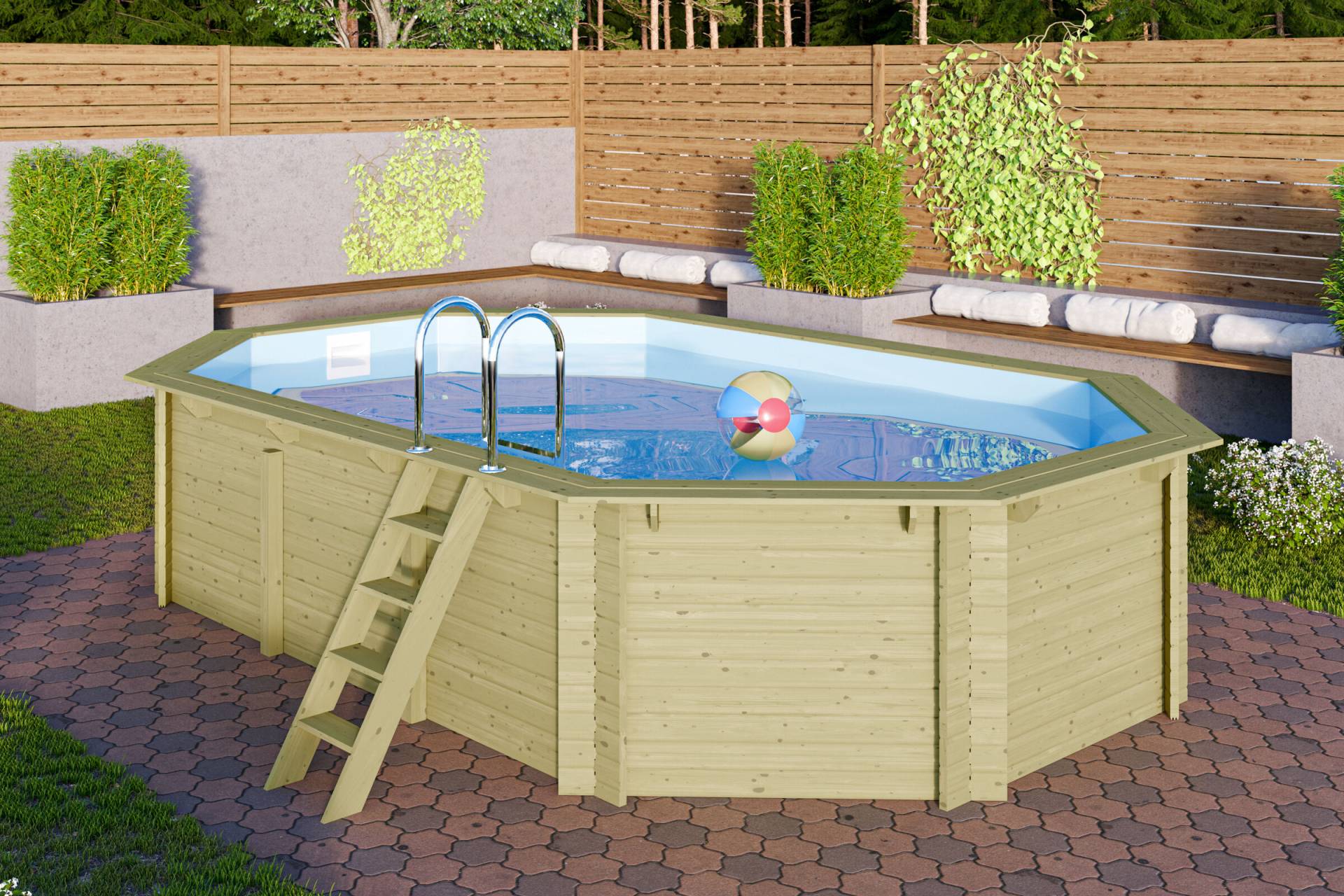 KARIBU Modell 4 Classic kdi Pool, naturbelassen, Fichtenholz, 569x358x124 cm, inkl. Deck und Leiter von Karibu