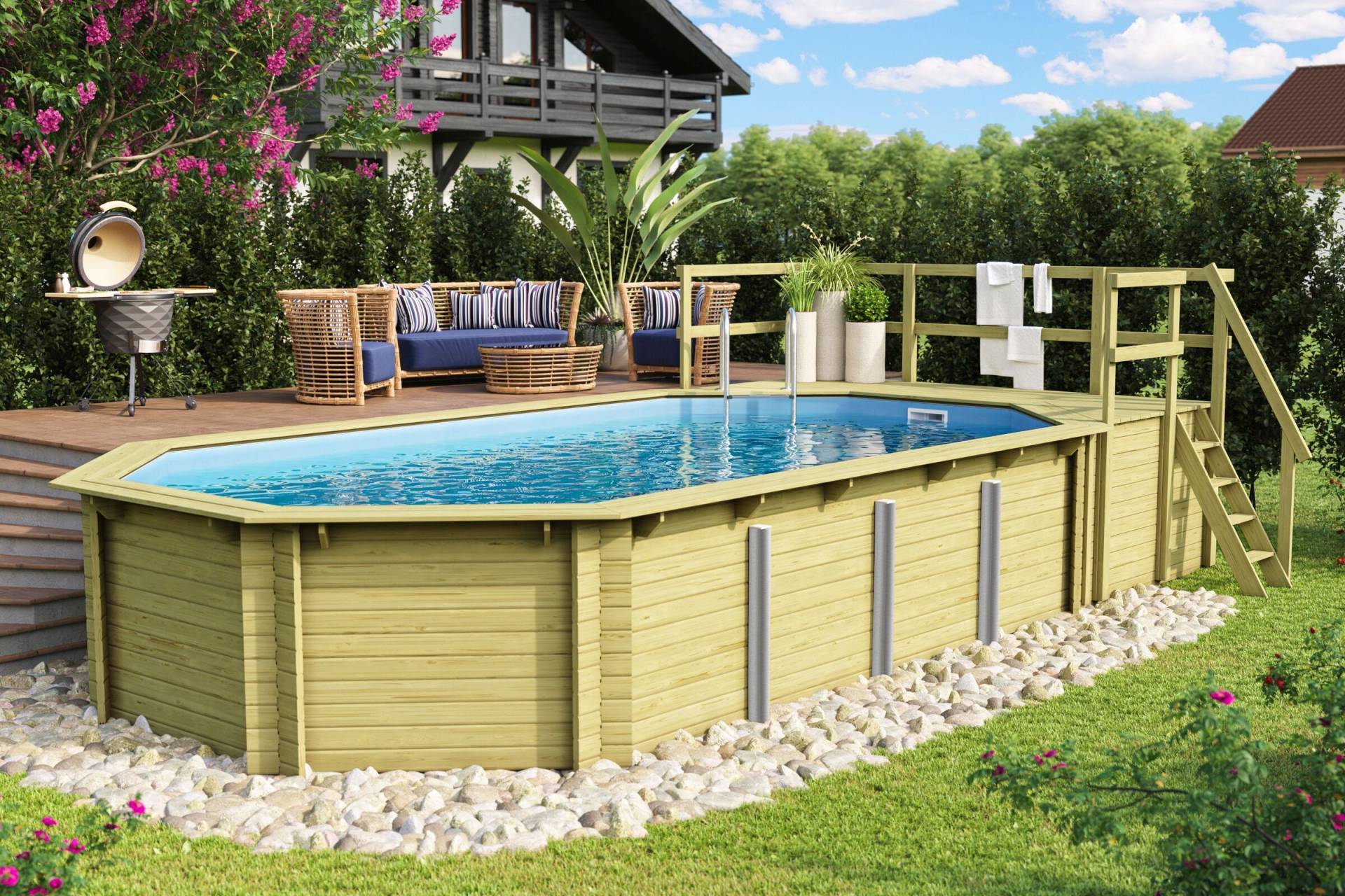 KARIBU Pool Modell 5 Variante D, naturbelassen, Fichtenholz, 357x657x124 cm, inkl. Deck, Terrasse, Treppe und Geländer von Karibu