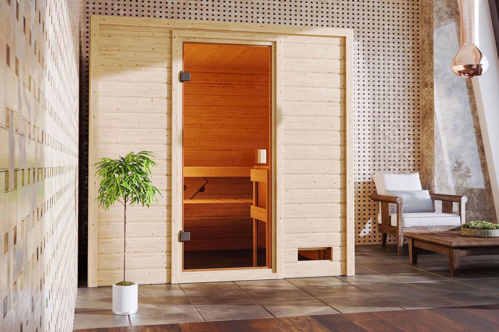 KARIBU Sauna Adelina, Fichtenholz 38 mm, Fronteinstieg, ca. 2,5m² von Karibu