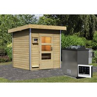 KARIBU Saunahaus »Doblen«, BxTxH: 196 x 196 x 228 cm, 9 kW Bio-Kombi-Ofen mit ext. Steuerung - beige von Karibu