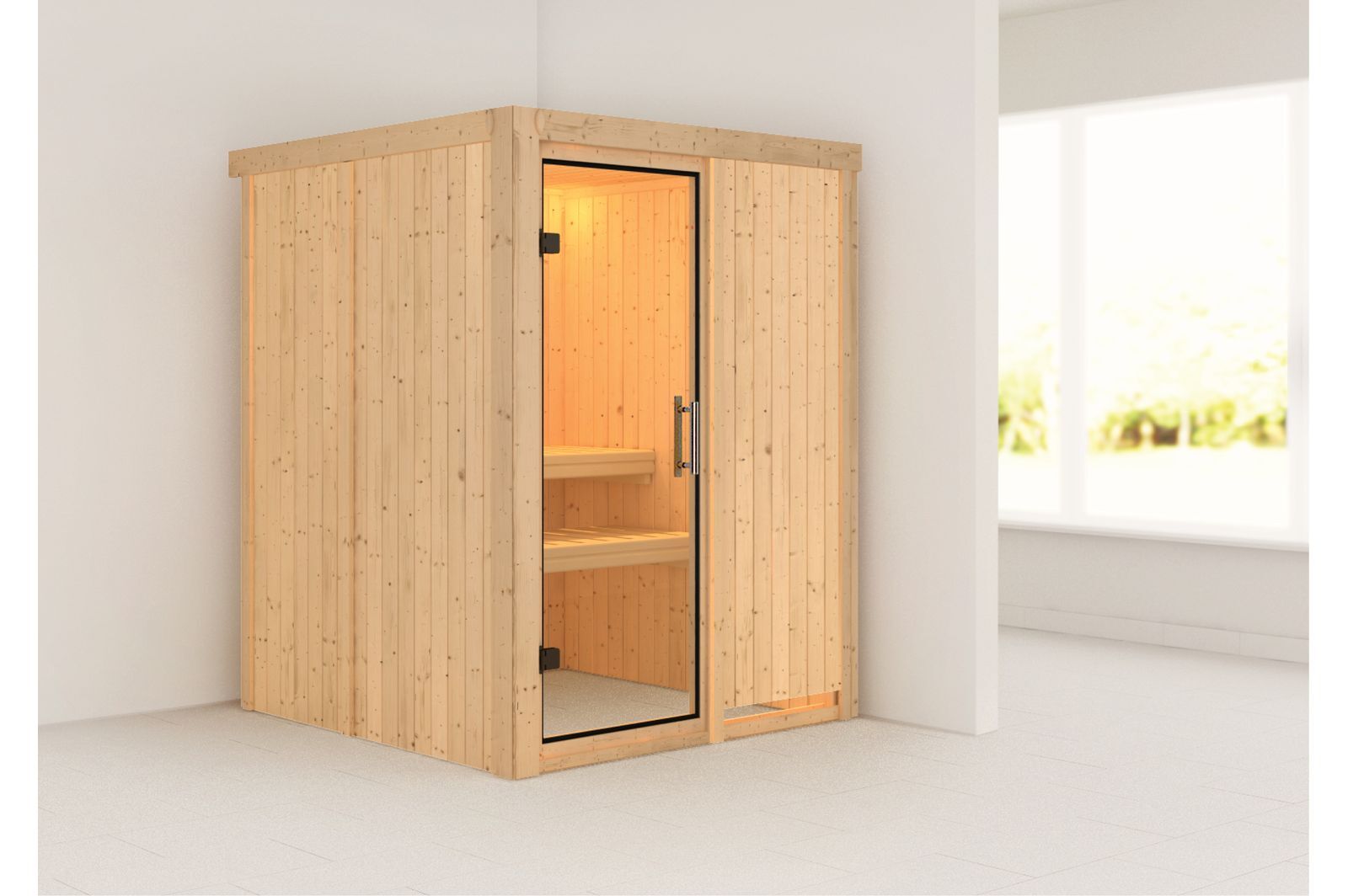 KARIBU Systemsauna Norin, Fichtenholz 68mm, Fronteinstieg, ca. 2,3m² von Karibu