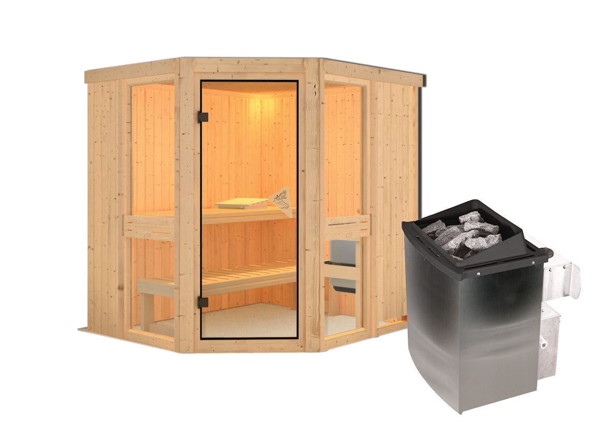 Karibu Amelia 1 - Sauna mit Eckeinstieg 68 mm-9 kW Ofen integr. Steuerung-ohne Dachkranz von Karibu