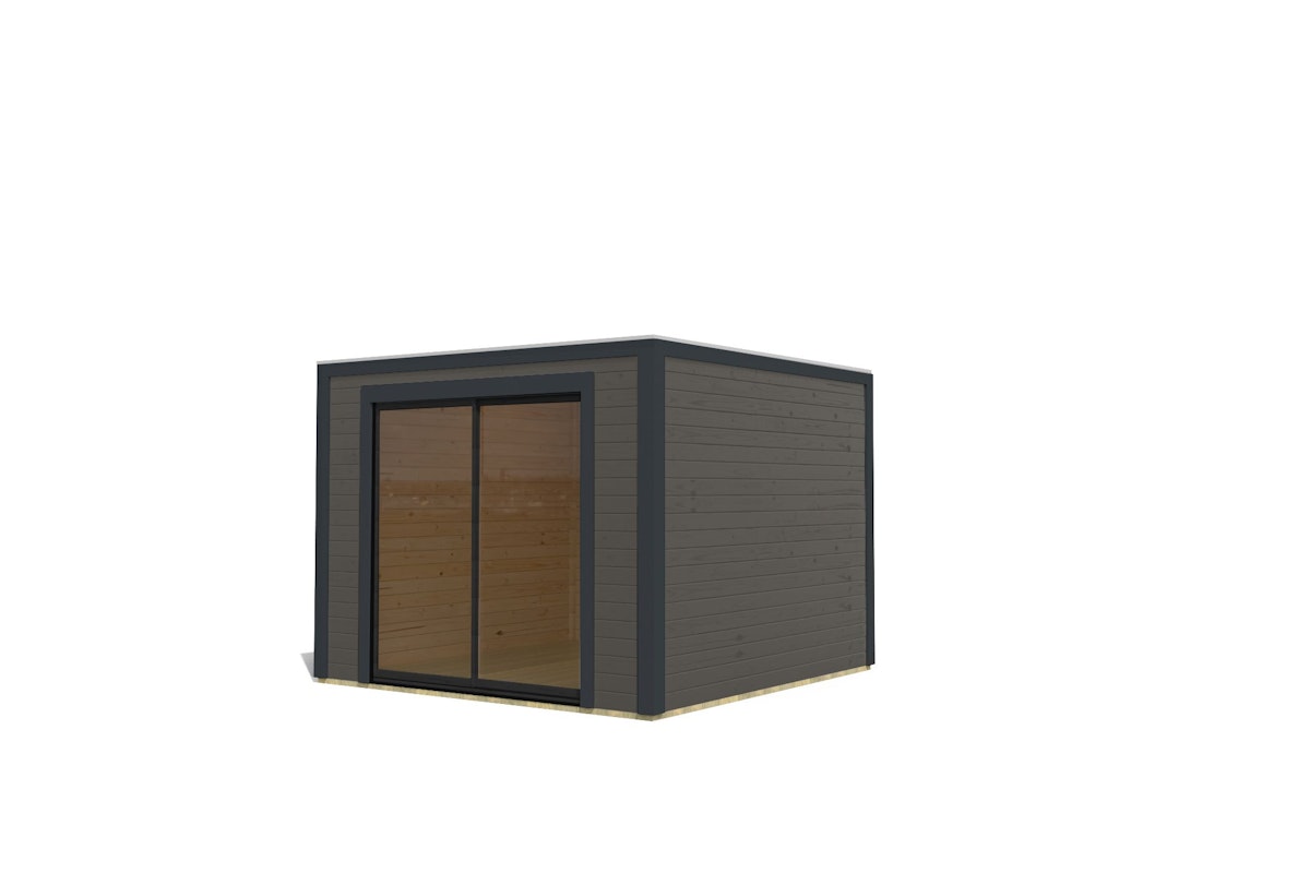 Karibu Design Gartenhaus Dice 1 mit Aluminium Schiebetür - 28 mm terragrau ohne Fensterelement & gratis Gartenhaus-Pflegebox von Karibu