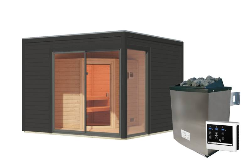 Karibu Design Saunahaus Terning 1 mit Vorraum - 38 mm inkl. 9-teiligem gratis Zubehörpaket anthrazit Set A (Sauna B 2 x T 1,7 m mit 2 Liegen á 57 cm) 9 kW Ofen inkl. Steuergerät von Karibu