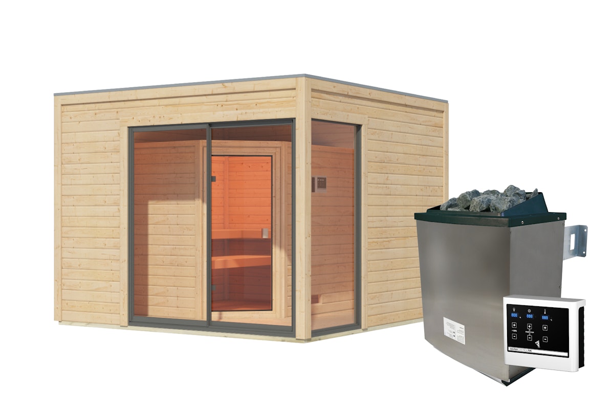 Karibu Design Saunahaus Terning 1 mit Vorraum - 38 mm inkl. 9-teiligem gratis Zubehörpaket naturbelassen Set B (Sauna B 2,25 x T 1,9 m mit 3 Liegen á 57/52 cm) 9 kW Ofen inkl. Steuergerät von Karibu