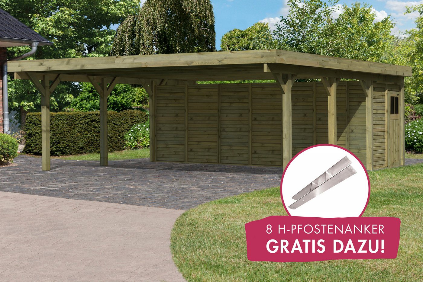 Karibu Doppelcarport Classic 2, BxT: 598x670 cm, 206 cm Einfahrtshöhe, (Set), mit Geräteraum von Karibu