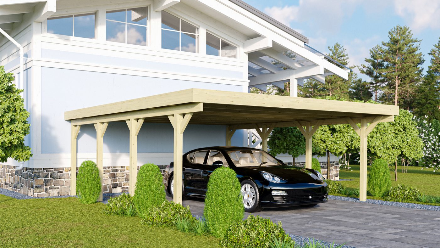 Karibu Doppelcarport »Classic 2 SET« Stahl-Dach Variante A, kesseldruckimprägniert, BxT: 563x586 cm, 206 cm Einfahrtshöhe, (Set), aus Masivholz von Karibu