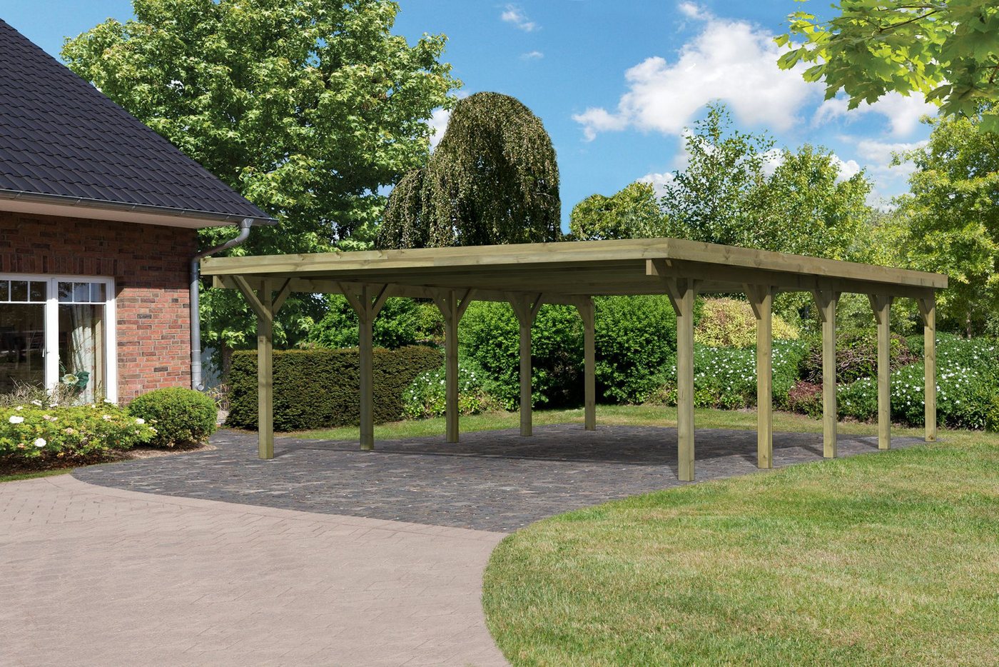 Karibu Doppelcarport »Classic 3 SET« PVC-Dach Variante A, kesseldruckimprägniert, BxT: 563x777,5 cm, 206 cm Einfahrtshöhe, (Set), aus Masivholz von Karibu