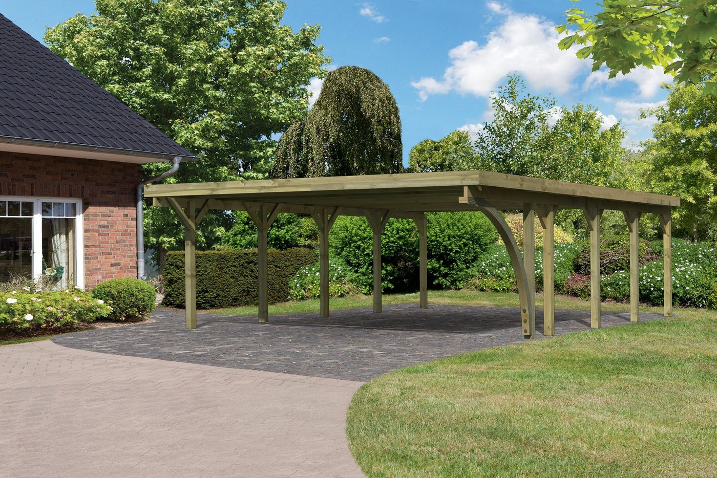 Karibu Doppelcarport »Classic 3 SET« Stahl-Dach Variante B, mit einem Einfahrtsbogen, BxT: 563x777,5 cm, 206 cm Einfahrtshöhe, (Set), aus Masivholz von Karibu
