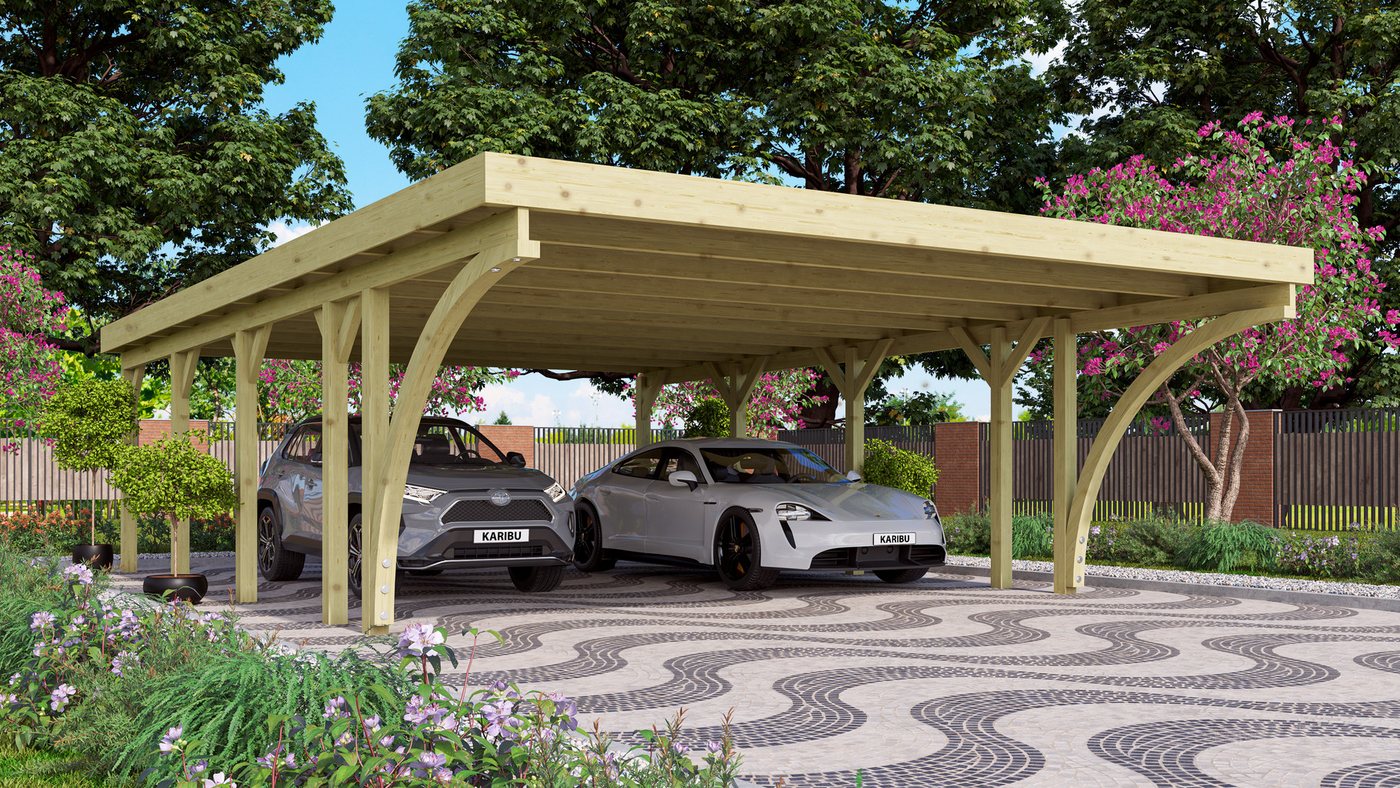 Karibu Doppelcarport »Classic 3 SET« Stahl-Dach Variante C, mit zwei Einfahrtsbogen, BxT: 563x657,5 cm, 206 cm Einfahrtshöhe, (Set), aus Masivholz von Karibu