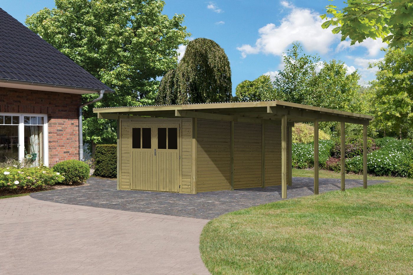 Karibu Doppelcarport »ECO 2 SET« Variante A, AKTION 2 kdi, BxT: 527x576 cm, 206 cm Einfahrtshöhe, (Set), mit integriertem Abstellraum groß von Karibu