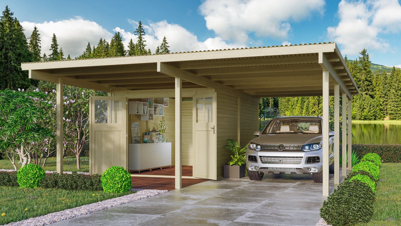 Karibu Doppelcarport »ECO 2 SET« Variante A, AKTION 2 kdi, BxT: 527x576 cm, 206 cm Einfahrtshöhe, (Set), mit integriertem Abstellraum mittel von Karibu