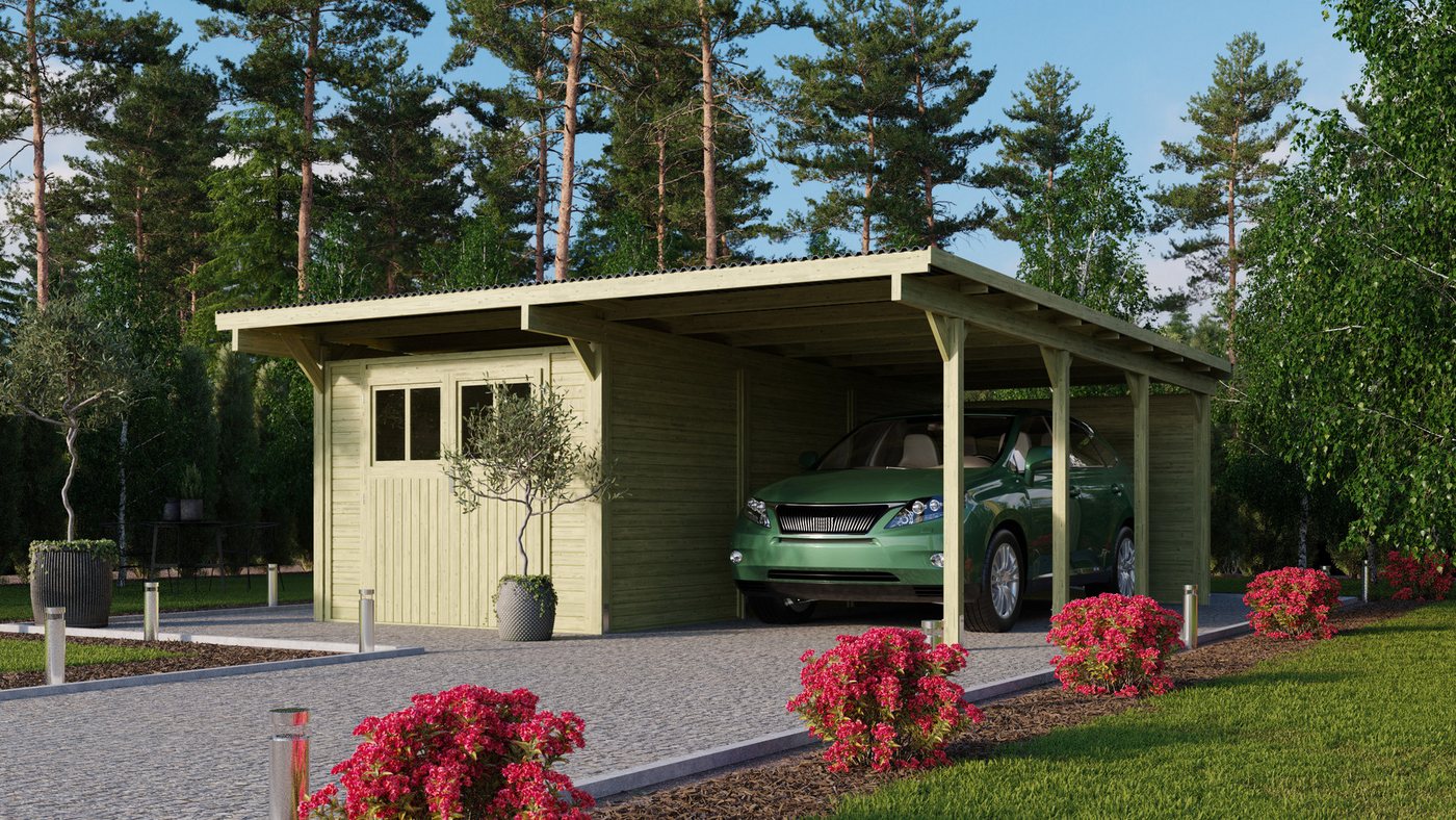 Karibu Doppelcarport »ECO 2 SET« Variante B, AKTION kdi, BxT: 527x576 cm, 206 cm Einfahrtshöhe, (Set), mit integriertem Abstellraum groß, 1 Rückwand von Karibu