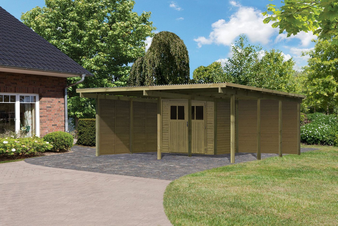 Karibu Doppelcarport »ECO 2« Variante B, AKTION kdi, BxT: 527x576 cm, 206 cm Einfahrtshöhe, (Set), mit integriertem Abstellraum klein, 2 Seitenwänden und 1 Rückwand von Karibu