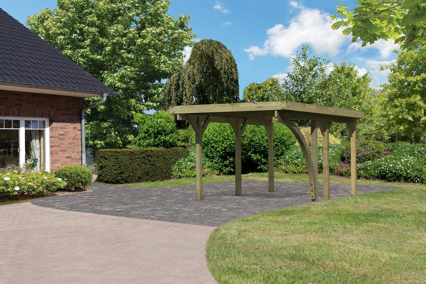 Karibu Einzelcarport »Classic 1 SET« Stahl-Dach Variante B, mit einem Einfahrtsbogen, BxT: 273x394,5 cm, 394,5 cm Einfahrtshöhe, (Set), aus Masivholz von Karibu