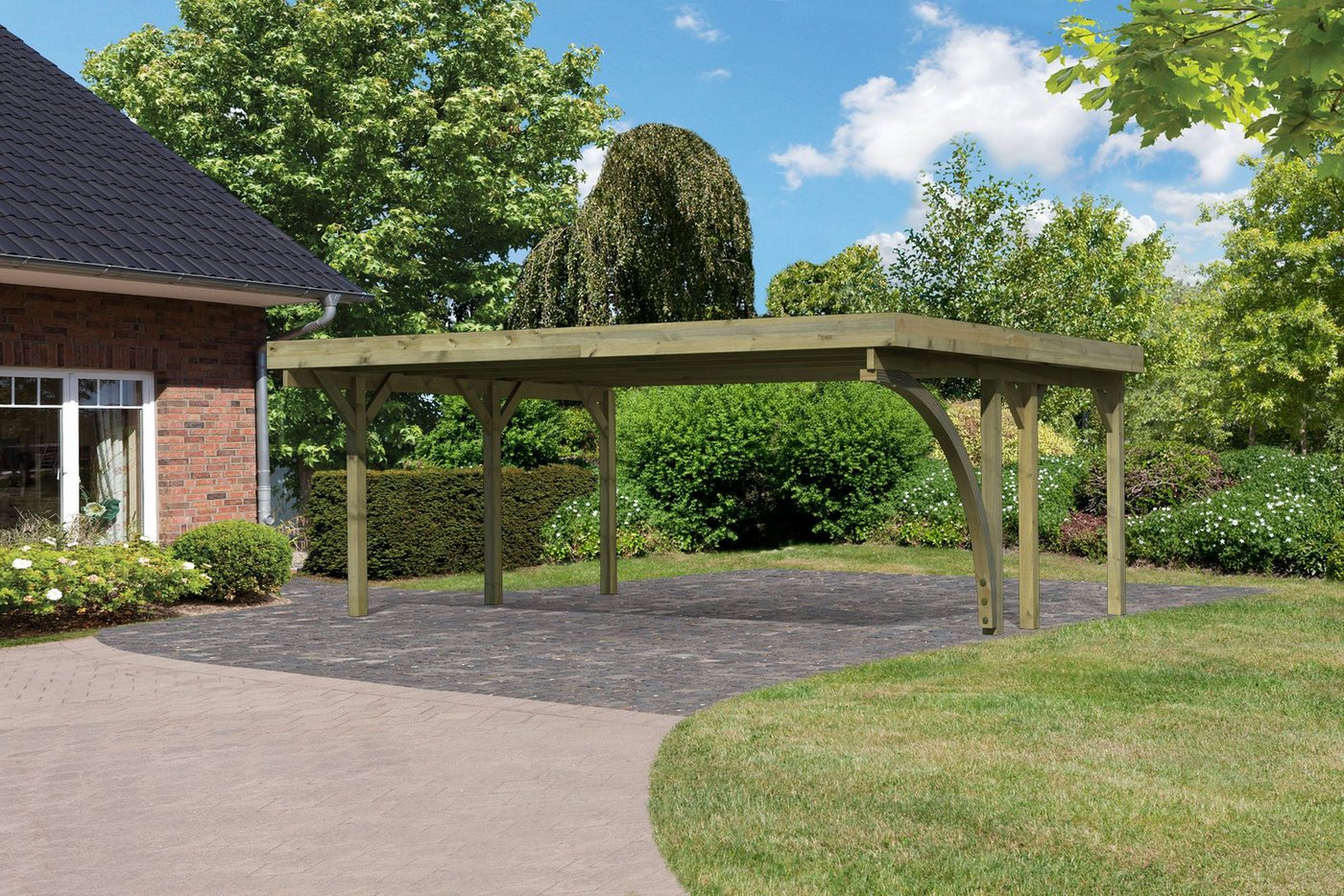 Karibu Einzelcarport »Classic 1 SET« Stahl-Dach Variante B, mit einem Einfahrtsbogen, BxT: 563x394,5 cm, 206 cm Einfahrtshöhe, (Set), aus Masivholz von Karibu