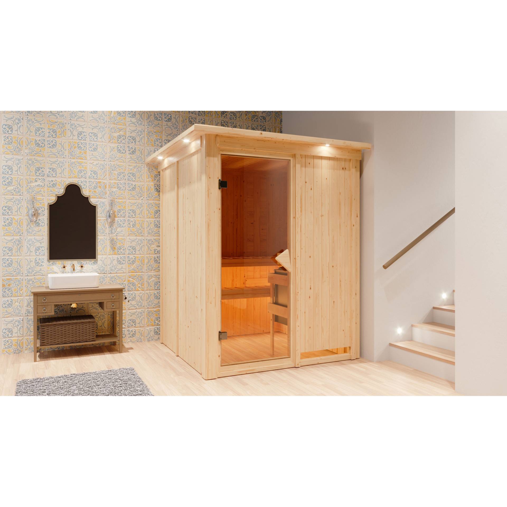 Karibu Elementsauna 'Abril' naturbelassen mit Kranz 9 kW Ofen integrierte Steuerung 165 x 165 x 202 cm von Karibu