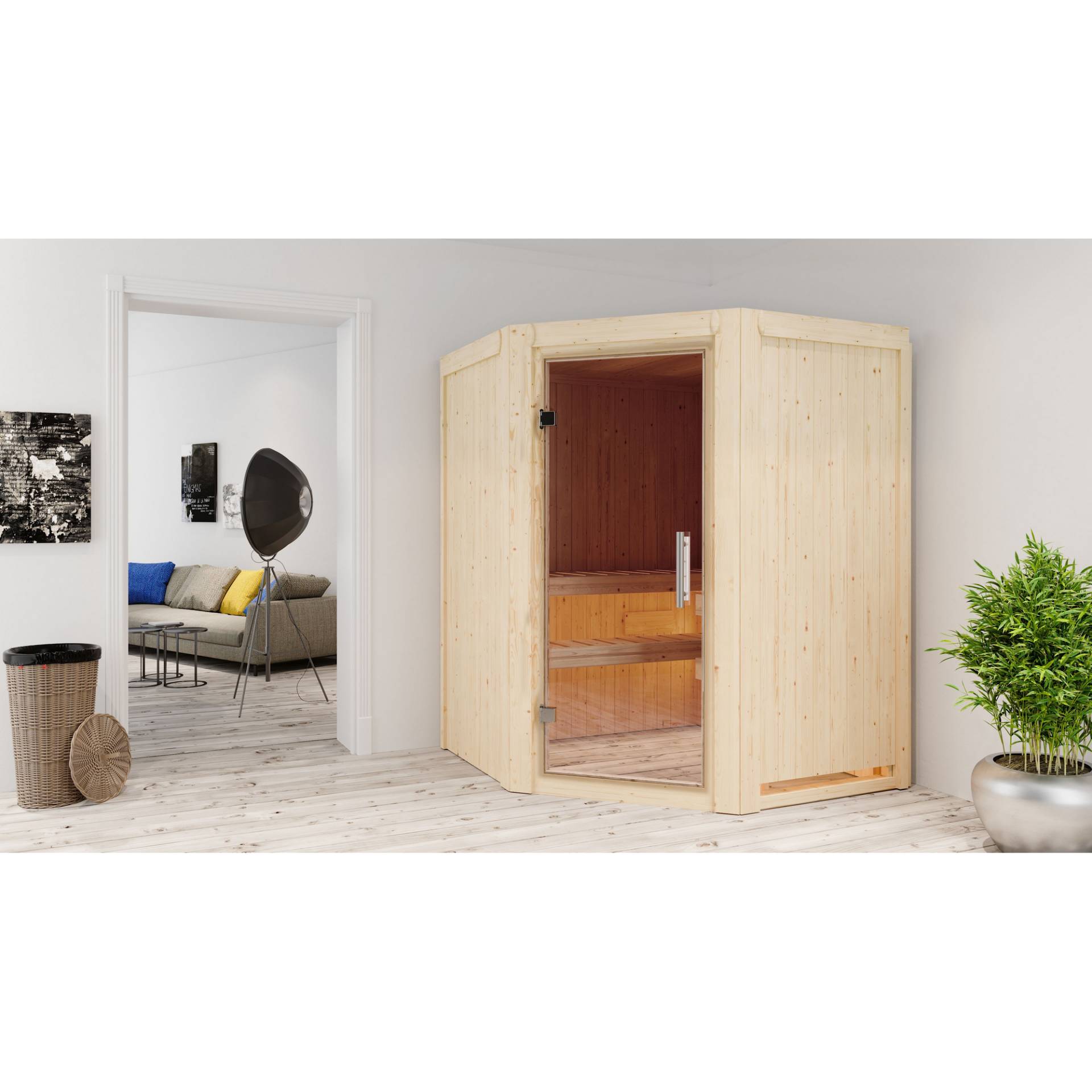 Karibu Elementsauna 'Adora' naturbelassen mit Klarglastür 9 kW Ofen externe Steuerung easy 151 x 151 x 198 cm von Karibu