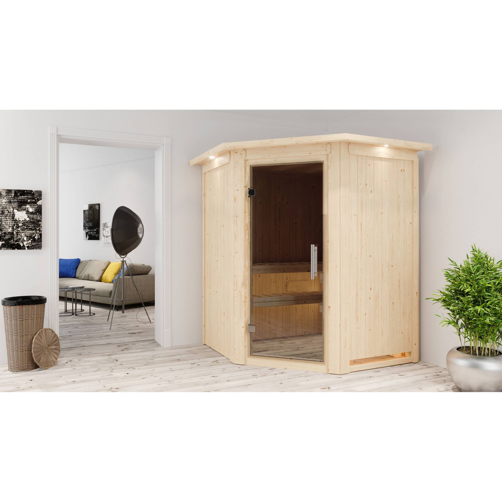 Karibu Elementsauna 'Adora' naturbelassen mit Kranz und graphitfarbener Tür 9 kW Ofen externe Steuerung Easy 165 x 165 x 202 cm von Karibu