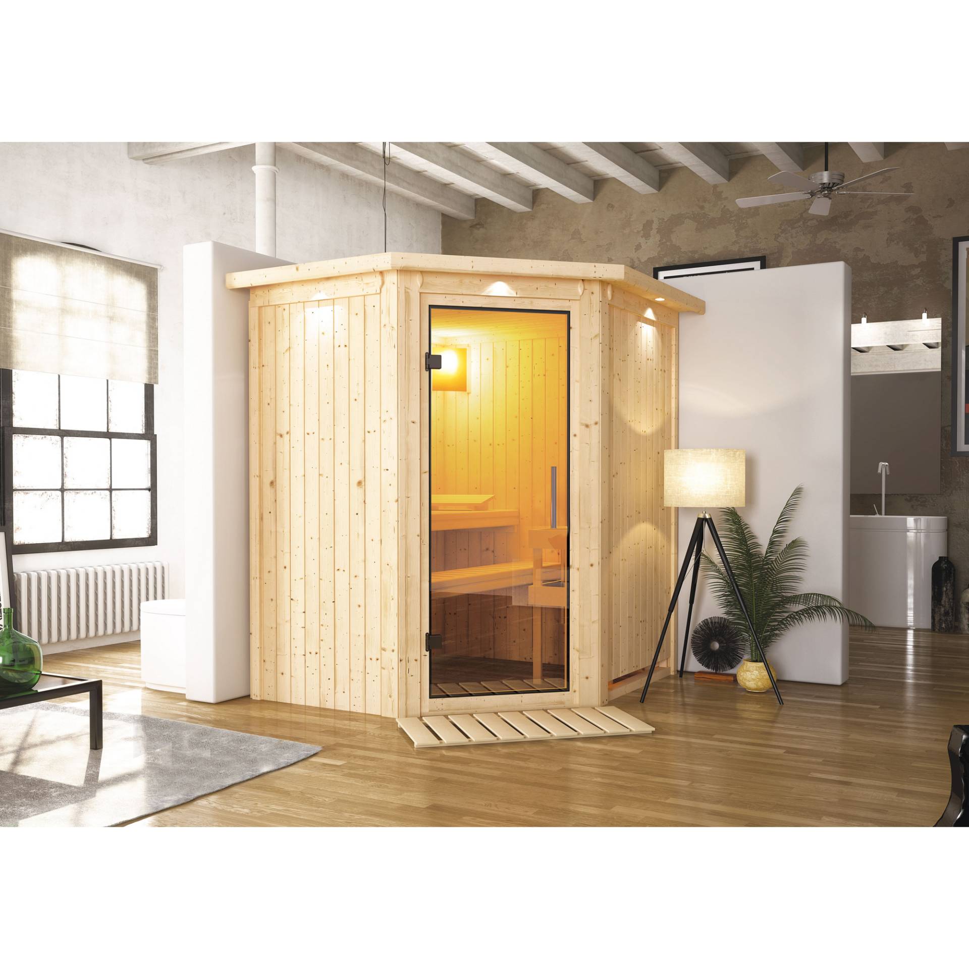 Karibu Elementsauna 'Adriana' naturbelassen mit Klarglastür und Kranz 184 x 165 x 202 cm Karibu Elementsauna 'Adriana' naturbelassen mit Klarglastür und Kranz 184 x 165 x 202 cm von Karibu