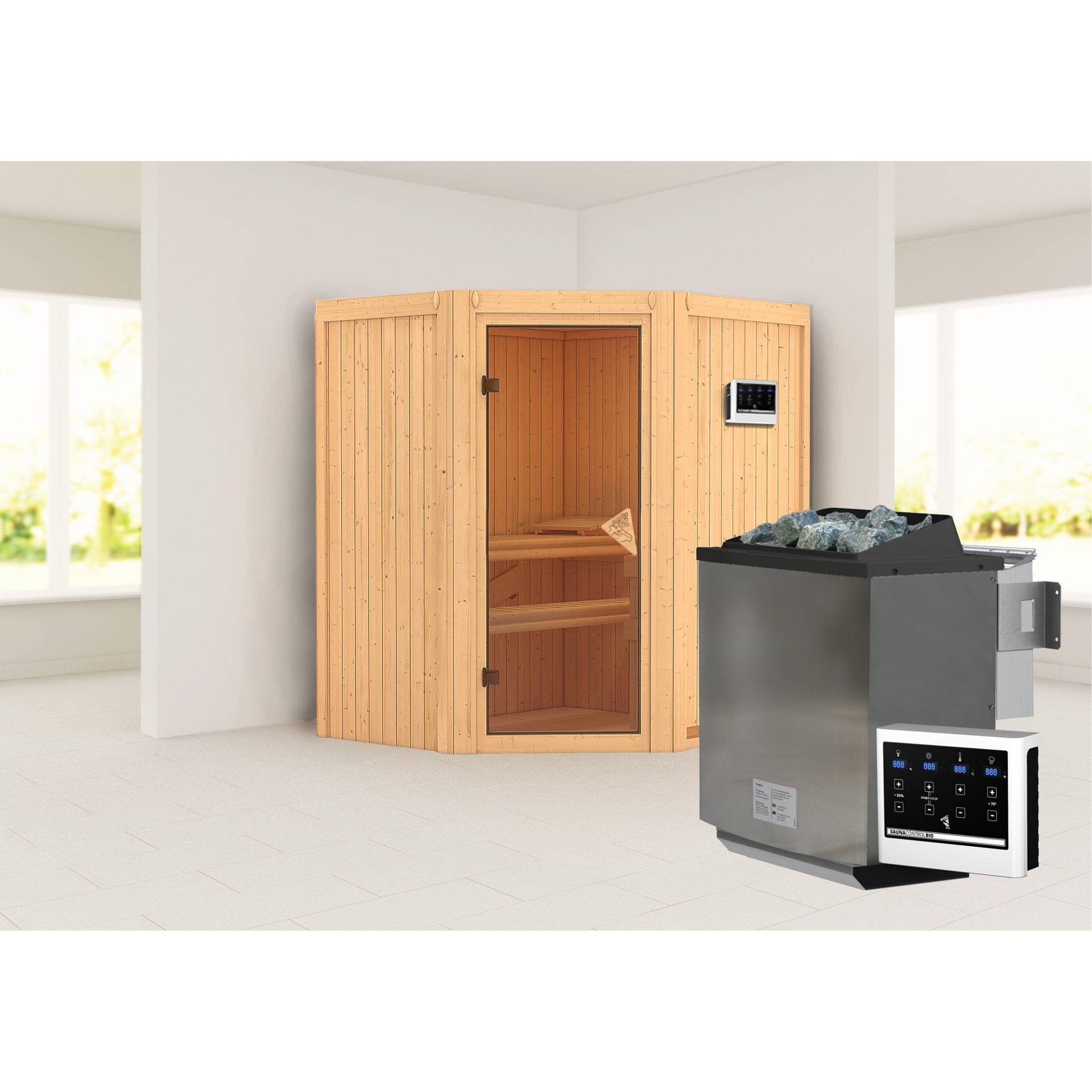 Karibu Elementsauna 'Adriana' naturbelassen mit bronzierter Tür 9 kW Bio-Ofen externe Steuerung Easy 170 x 151 x 198 cm von Karibu