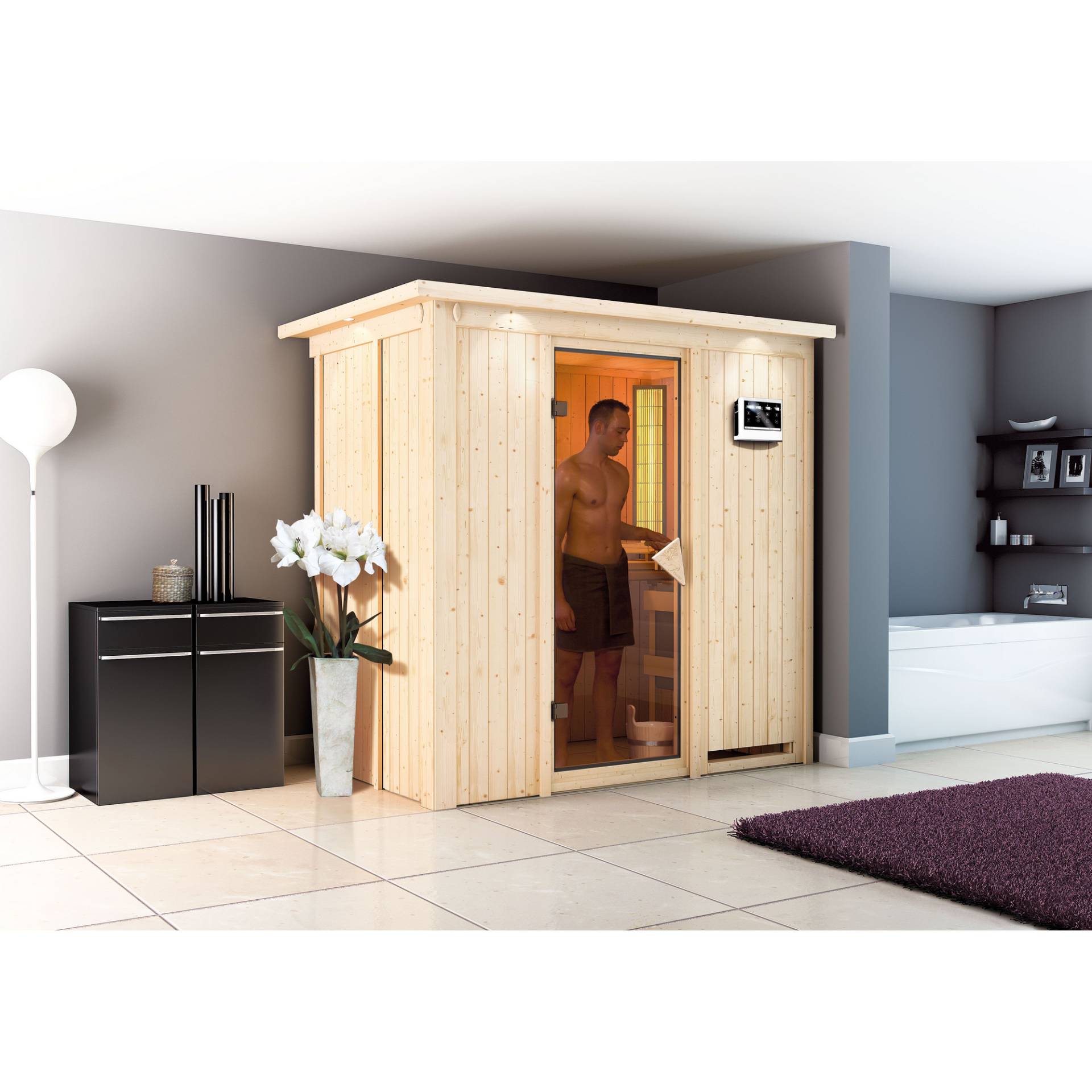 Karibu Elementsauna 'Aina' naturbelassen mit Kranz und bronzierter Tür 9 kW Bio-Ofen externe Steuerung Easy 210 x 132 x 202 cm von Karibu